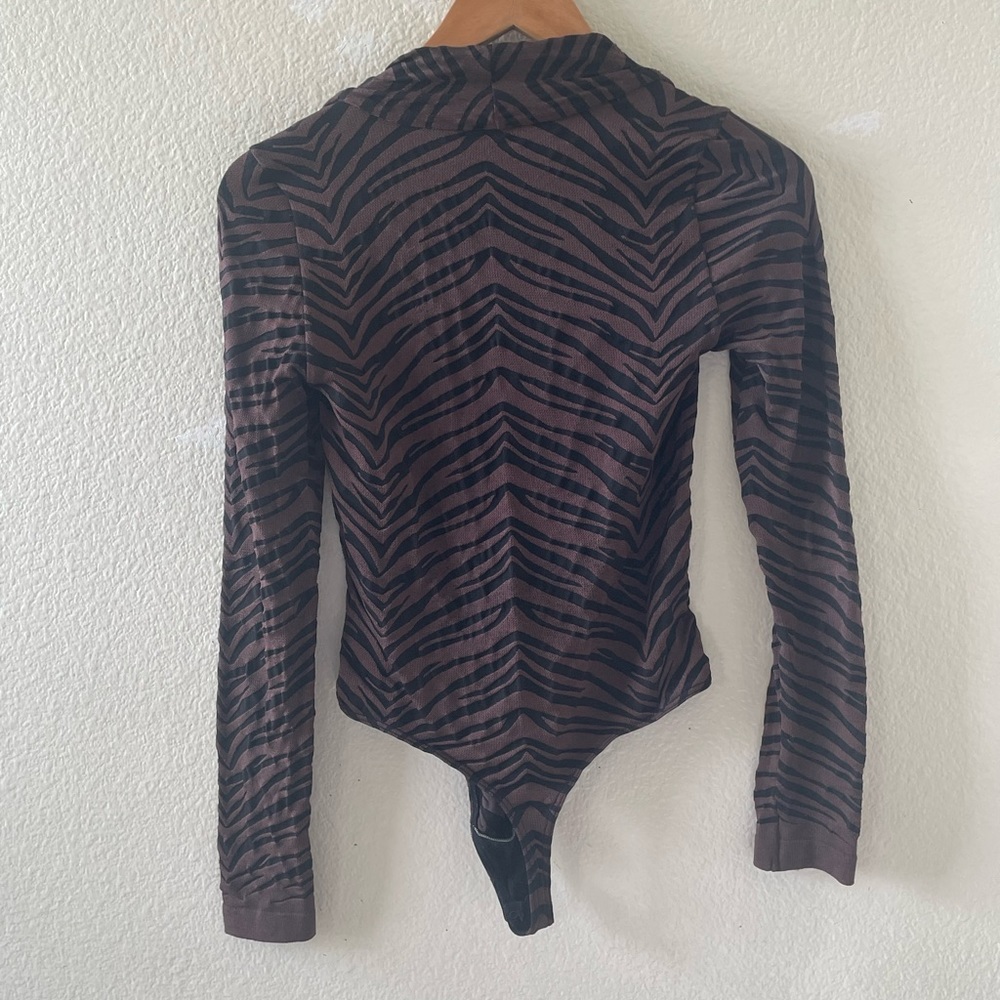Wolford Black & Brown Tiger Stripe Long Sleeve Thong Bodysuit/ small - Picture 6 of 16